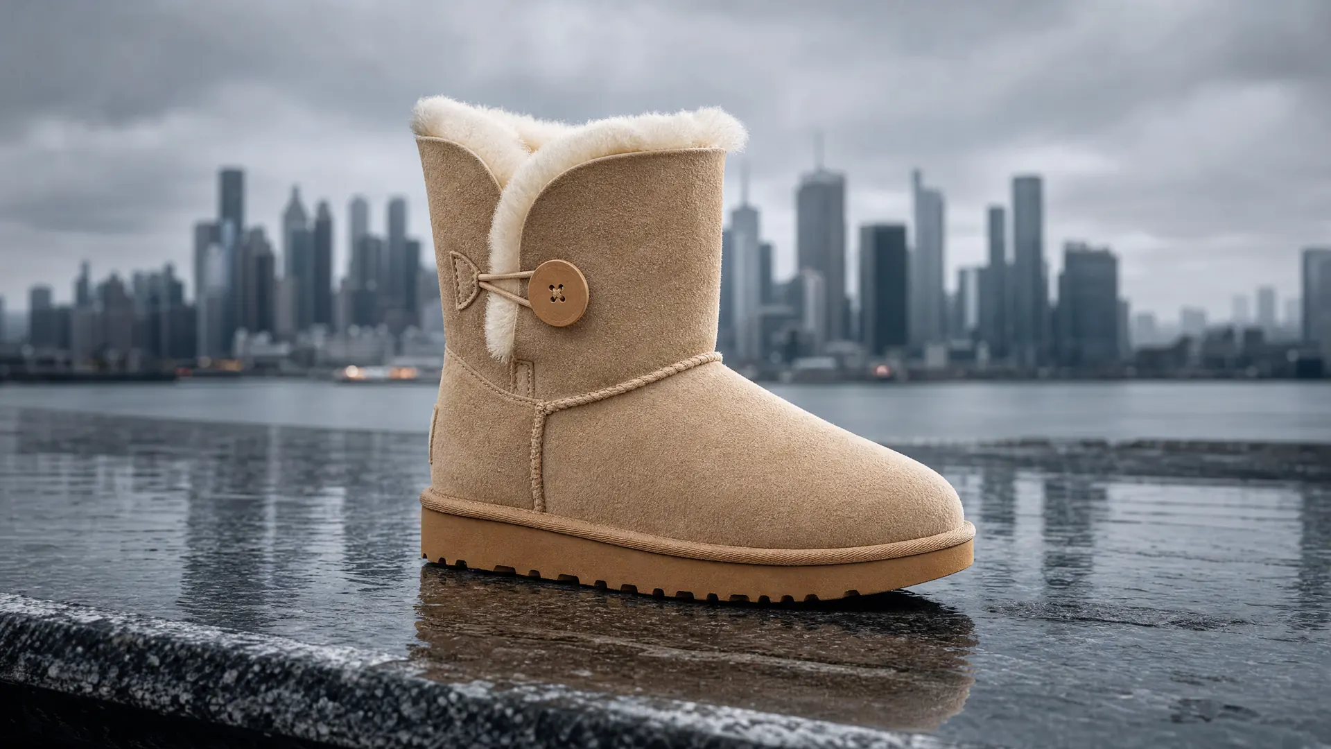 Модель Classic Short II Bailey Button Sand в прохладной городской сцене